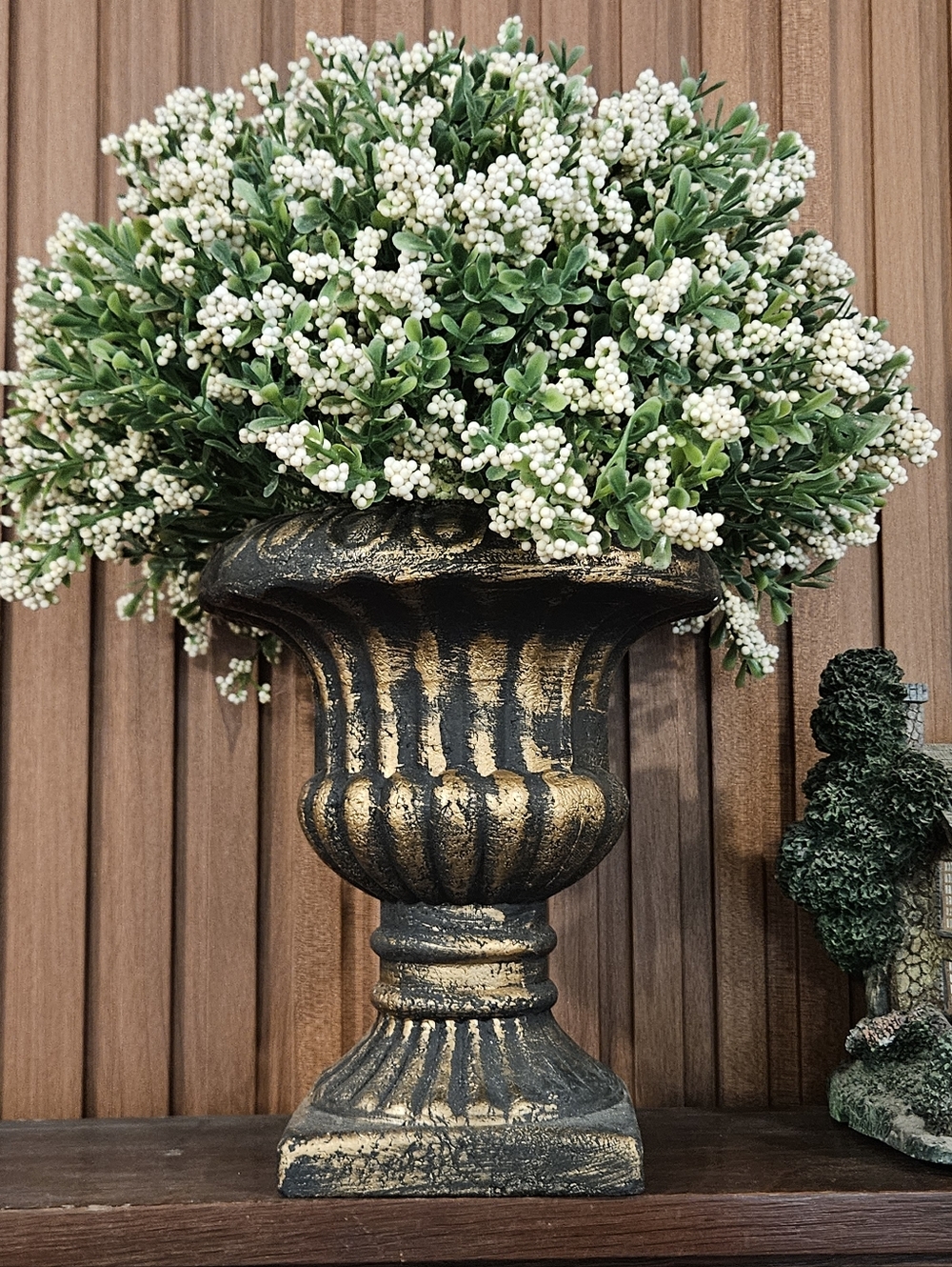 NWOT - Elegant Bronze & Black Vase with Creamy White & Green Artificial Flowers